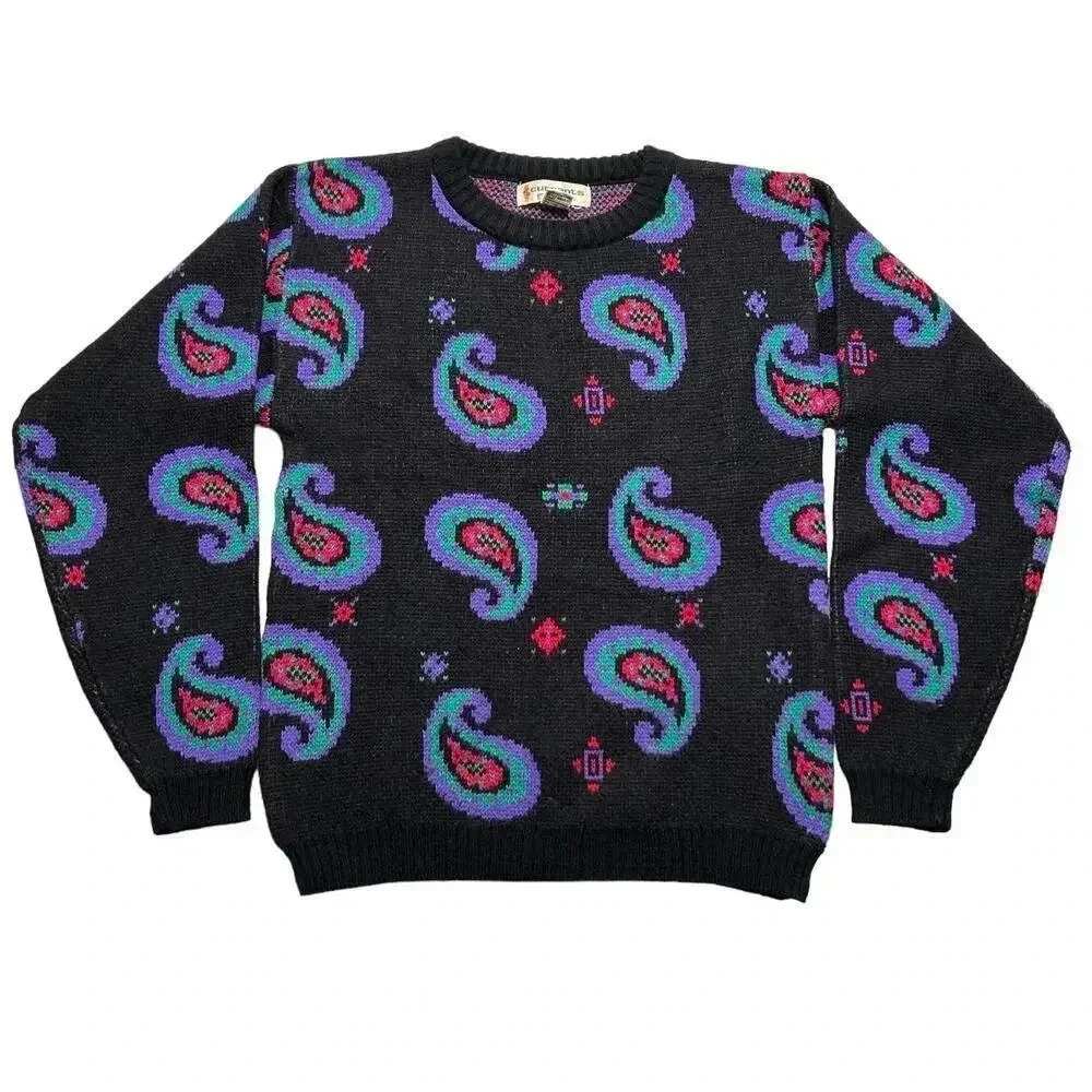 Vintage 80s Black Paisley Neon Multi Colored Sweater Women’s Small Retro Vibrant